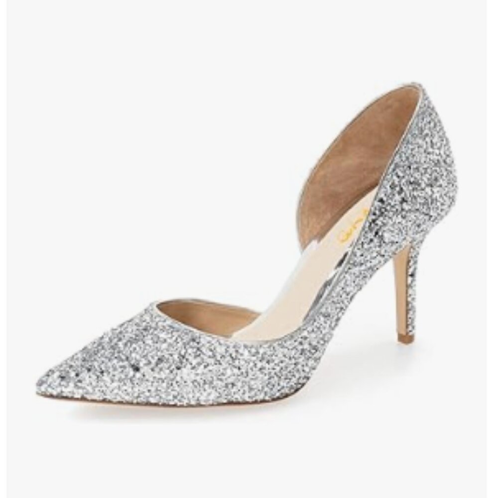XYD Silver Glitter D'Orsay Low Heel Comfortable Slip-on Pointed Toe Sexy Pumps